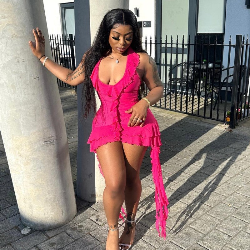 Summer Solid Color Sleeveless Low Collar Wooden Ear Irregular Asymmetric Hip Wrapped Short Dress Bella Mia